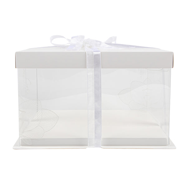 Restaurantware Sweet Vision Square Clear Plastic Cake Box - White Lid And White Base Gray Ribbon Lotus Accent - 10" X 10" X 8 1/4" - 10 Count Box