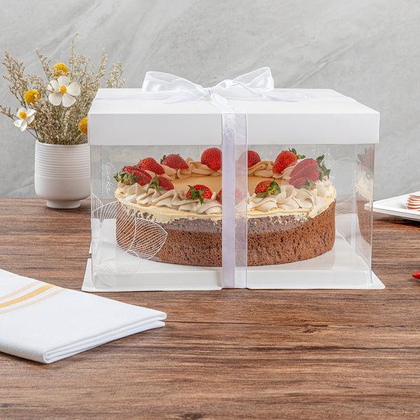 Restaurantware Sweet Vision Square Clear Plastic Cake Box - White Lid And White Base Gray Ribbon Lotus Accent - 10" X 10" X 8 1/4" - 10 Count Box