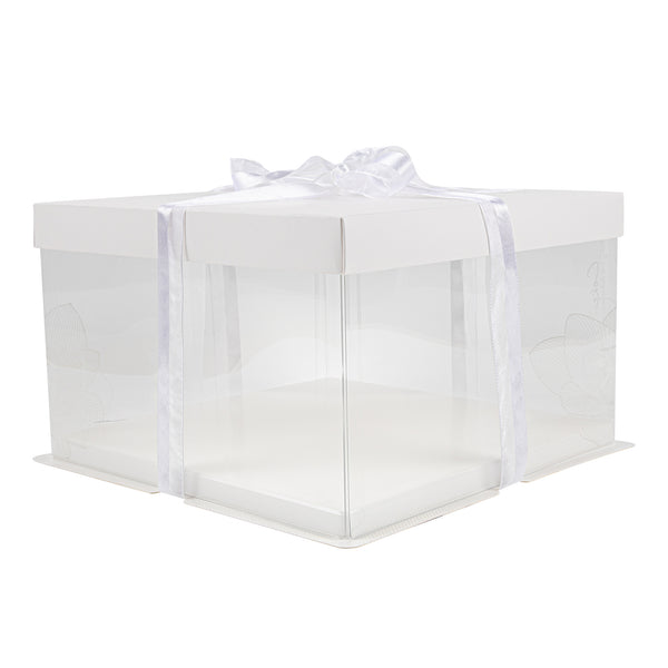 Restaurantware Sweet Vision Square Clear Plastic Cake Box - White Lid And White Base Gray Ribbon Lotus Accent - 10" X 10" X 8 1/4" - 10 Count Box