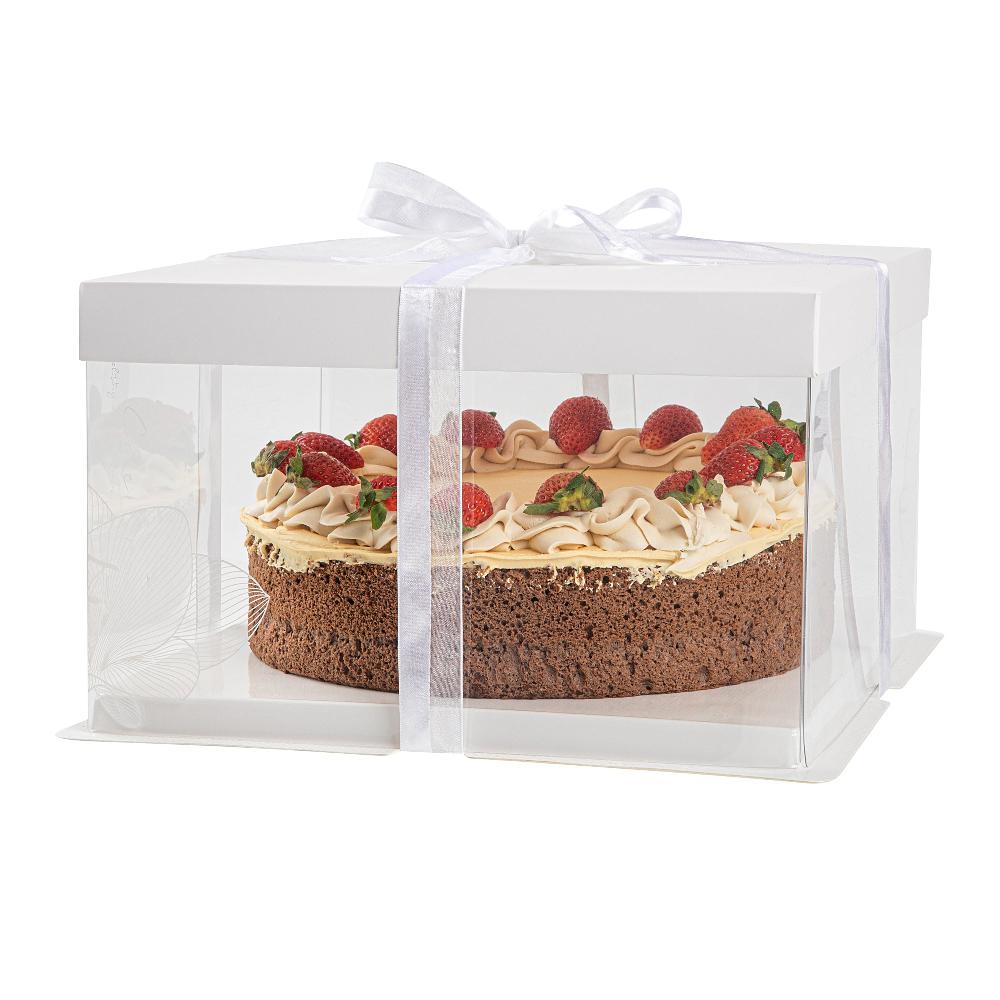 restaurantware Sweet Vision Square Clear Plastic Cake Box - White Lid and White Base Gray Ribbon Lotus Accent - 10" x 10" x 8 1/4" - 10 count box