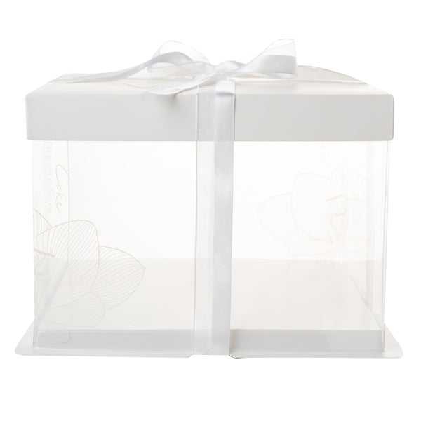 Restaurantware Sweet Vision Square Clear Plastic Cake Box - White Lid And White Base Gray Ribbon Lotus Accent - 8 1/2" X 8 1/2" X 6 3/4" - 10 Count Box