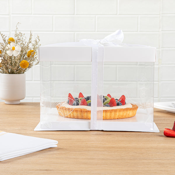 Restaurantware Sweet Vision Square Clear Plastic Cake Box - White Lid And White Base Gray Ribbon Lotus Accent - 8 1/2" X 8 1/2" X 6 3/4" - 10 Count Box