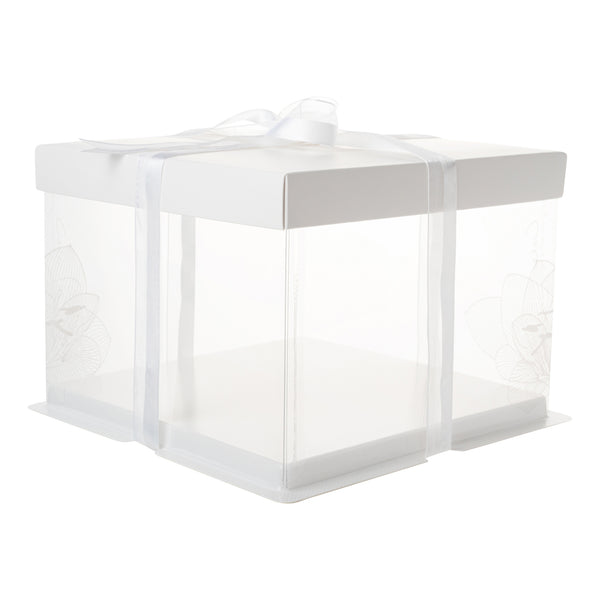Restaurantware Sweet Vision Square Clear Plastic Cake Box - White Lid And White Base Gray Ribbon Lotus Accent - 8 1/2" X 8 1/2" X 6 3/4" - 10 Count Box