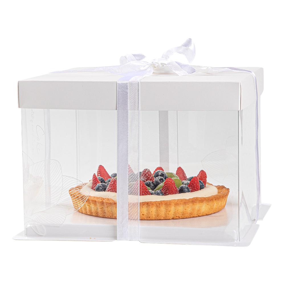 restaurantware Sweet Vision Square Clear Plastic Cake Box - White Lid and White Base Gray Ribbon Lotus Accent - 8 1/2" x 8 1/2" x 6 3/4" - 10 count box