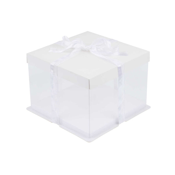 Restaurantware Sweet Vision Square Clear Plastic Cake Box - White Lid And White Base Gray Ribbon - 8 1/2" X 8 1/2" X 6 3/4" - 10 Count Box
