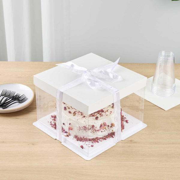 Restaurantware Sweet Vision Square Clear Plastic Cake Box - White Lid And White Base Gray Ribbon - 8 1/2" X 8 1/2" X 6 3/4" - 10 Count Box