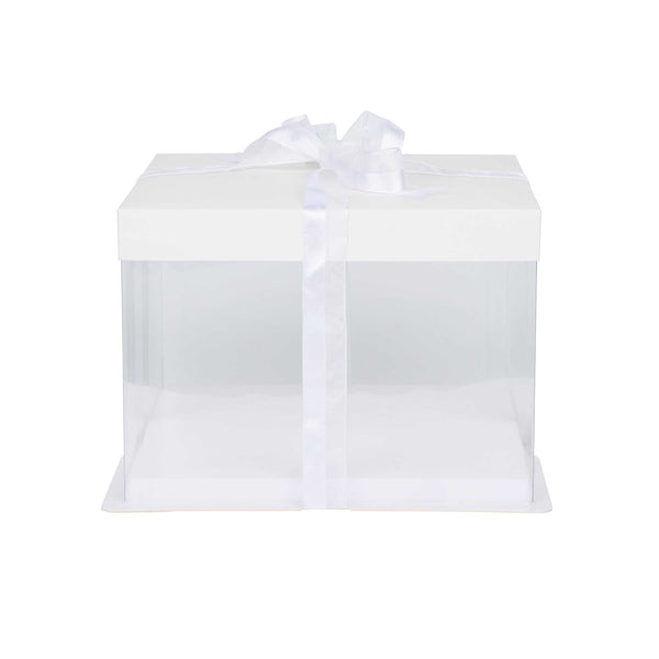 Restaurantware Sweet Vision Square Clear Plastic Cake Box - White Lid And White Base Gray Ribbon - 8 1/2" X 8 1/2" X 6 3/4" - 10 Count Box