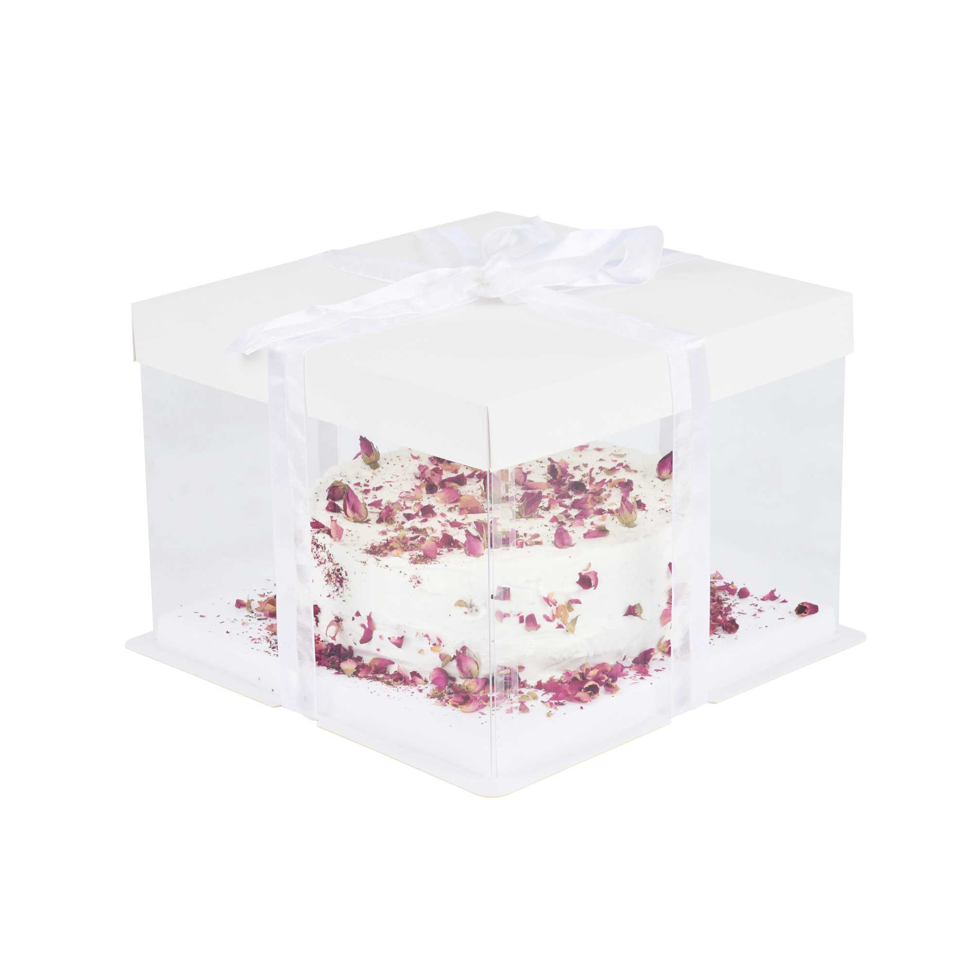 restaurantware Sweet Vision Square Clear Plastic Cake Box - White Lid and White Base Gray Ribbon - 8 1/2" x 8 1/2" x 6 3/4" - 10 count box