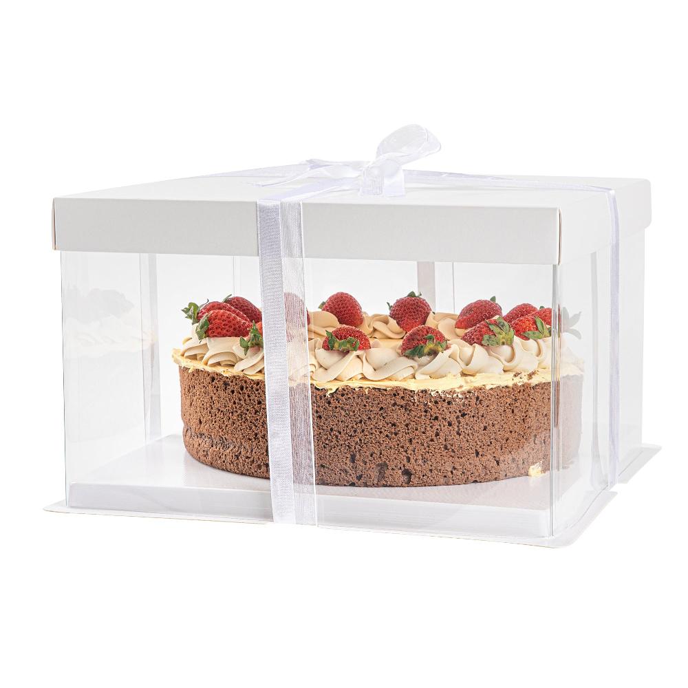 restaurantware Sweet Vision Square Clear Plastic Cake Box - White Lid and White Base Gray Ribbon - 10" x 10" x 8 1/4" - 10 count box