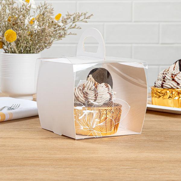 Restaurantware Sweet Vision Square Clear Plastic Cupcake Box - With Handle White Paper Wrap Lotus Accent - 4" X 4" X 4 1/4" - 100 Count Box