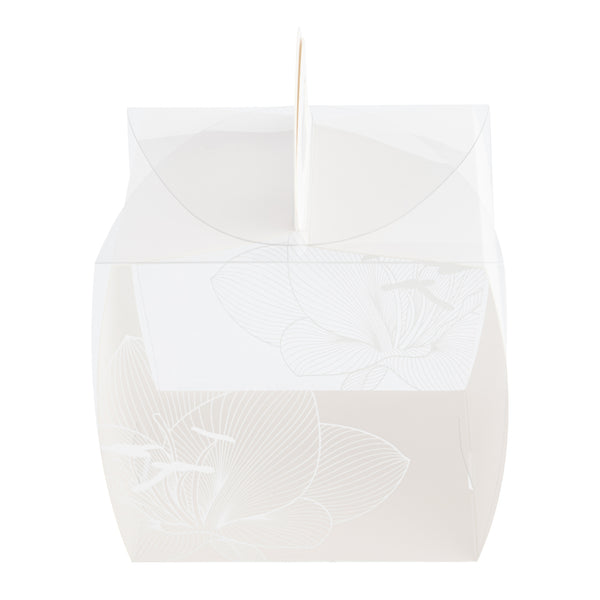 Restaurantware Sweet Vision Square Clear Plastic Cupcake Box - With Handle White Paper Wrap Lotus Accent - 4" X 4" X 4 1/4" - 100 Count Box