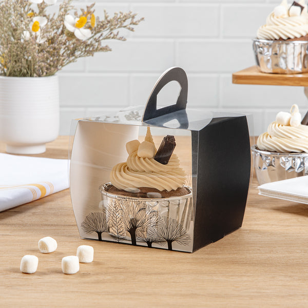 Restaurantware Sweet Vision Square Clear Plastic Cupcake Box - With Handle Black Paper Wrap Tree Accent - 4" X 4" X 4 1/4" - 100 Count Box