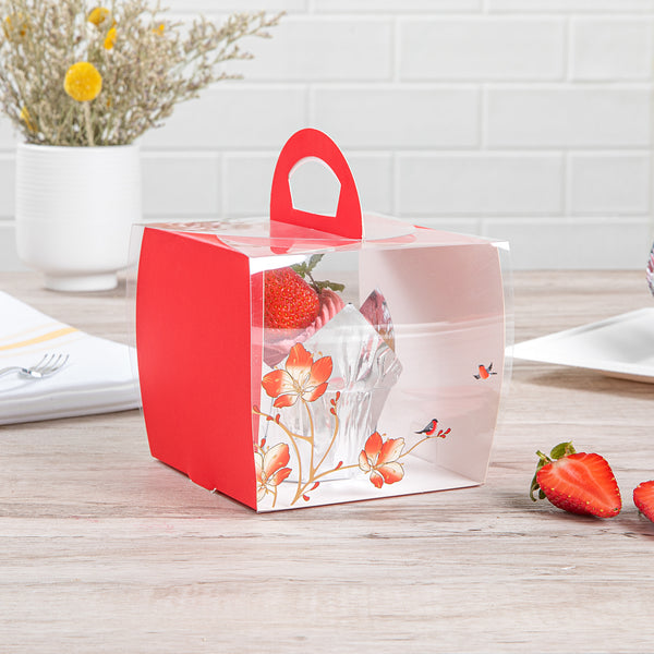Restaurantware Sweet Vision Square Clear Plastic Cupcake Box - With Handle Red Paper Wrap Flower / Bird Accent - 4" X 4" X 4 1/4" - 100 Count Box