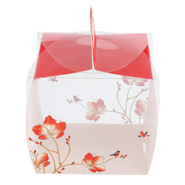 Restaurantware Sweet Vision Square Clear Plastic Cupcake Box - With Handle Red Paper Wrap Flower / Bird Accent - 4" X 4" X 4 1/4" - 100 Count Box
