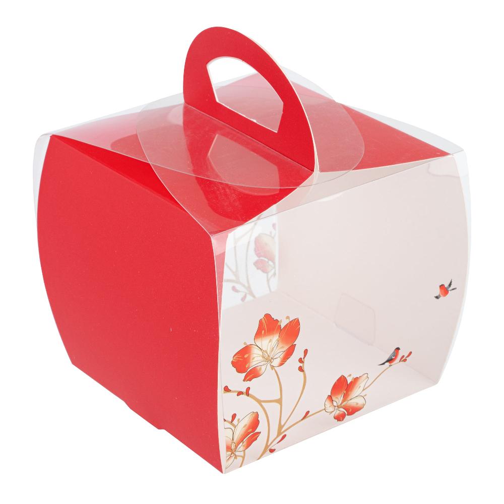 restaurantware Sweet Vision Square Clear Plastic Cupcake Box - with Handle Red Paper Wrap Flower / Bird Accent - 4" x 4" x 4 1/4" - 100 count box