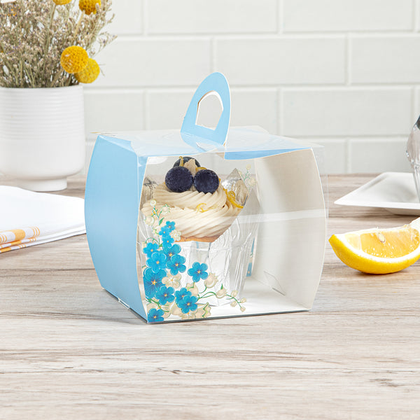 Restaurantware Sweet Vision Square Clear Plastic Cupcake Box - With Handle Blue Paper Wrap Flower Accent - 4" X 4" X 4 1/4" - 100 Count Box