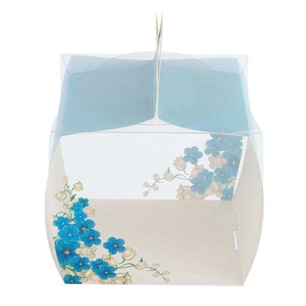 Restaurantware Sweet Vision Square Clear Plastic Cupcake Box - With Handle Blue Paper Wrap Flower Accent - 4" X 4" X 4 1/4" - 100 Count Box