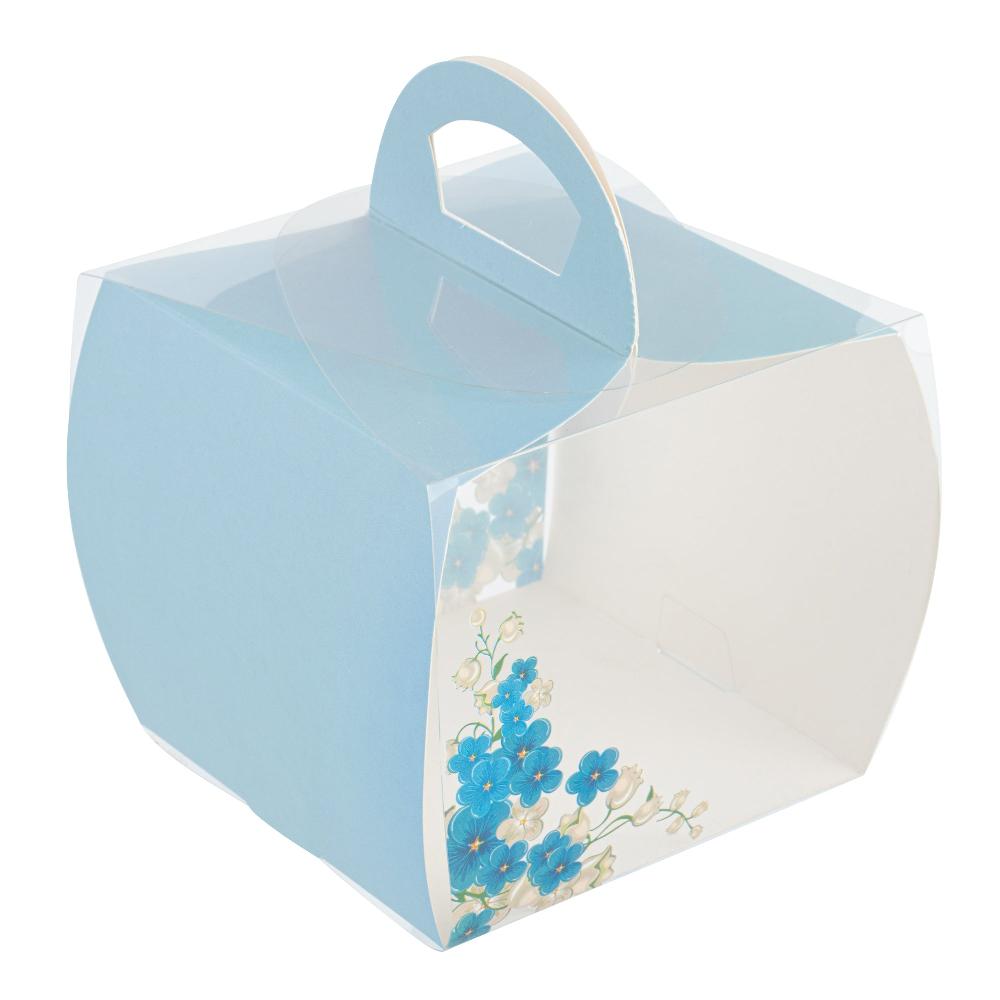 restaurantware Sweet Vision Square Clear Plastic Cupcake Box - with Handle Blue Paper Wrap Flower Accent - 4" x 4" x 4 1/4" - 100 count box