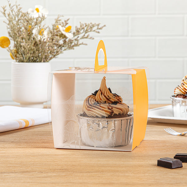 Restaurantware Sweet Vision Square Clear Plastic Cupcake Box - With Handle Orange Paper Wrap Leaf Accent - 4" X 4" X 4 1/4" - 100 Count Box