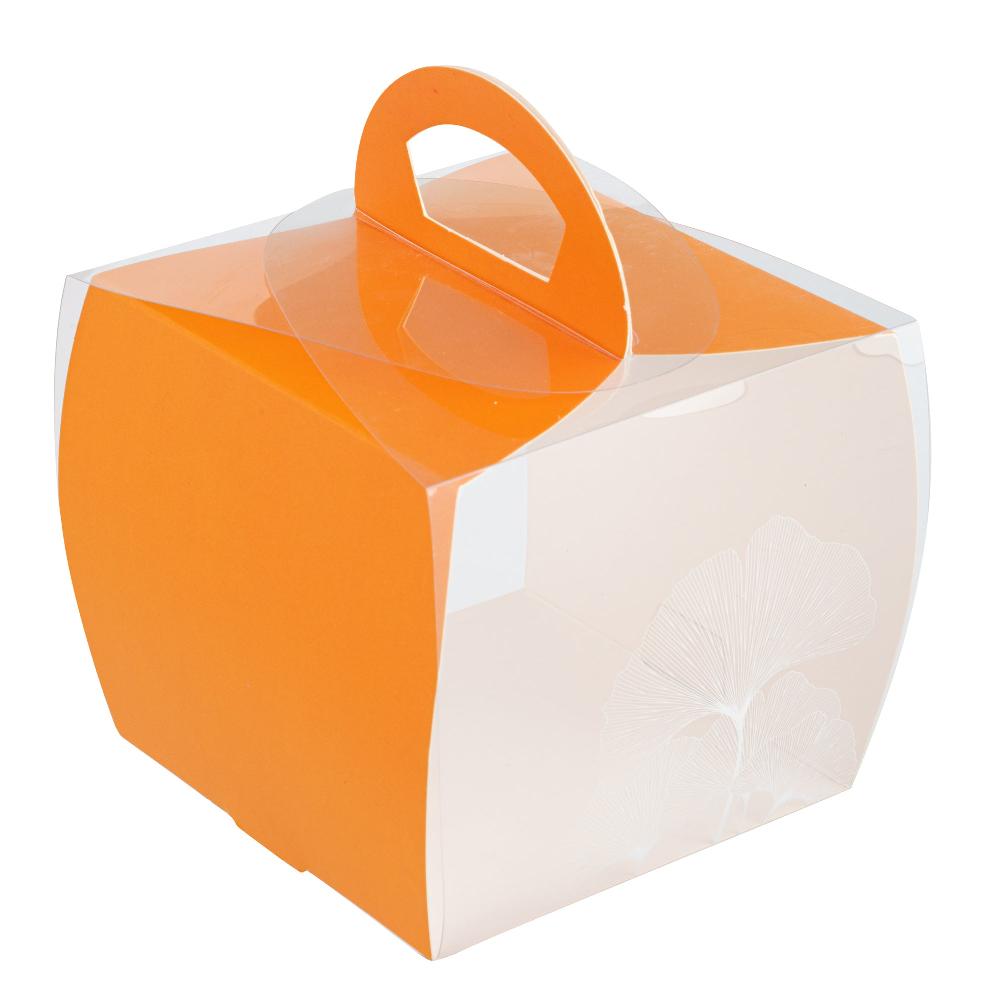 restaurantware Sweet Vision Square Clear Plastic Cupcake Box - with Handle Orange Paper Wrap Leaf Accent - 4" x 4" x 4 1/4" - 100 count box