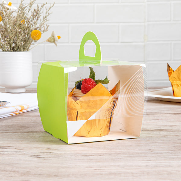 Restaurantware Sweet Vision Square Clear Plastic Cupcake Box - With Handle Yellow Paper Wrap Geometric Line Accent - 4" X 4" X 4 1/4" - 100 Count Box