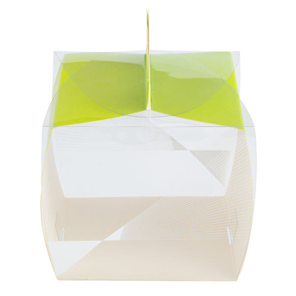 Restaurantware Sweet Vision Square Clear Plastic Cupcake Box - With Handle Yellow Paper Wrap Geometric Line Accent - 4" X 4" X 4 1/4" - 100 Count Box