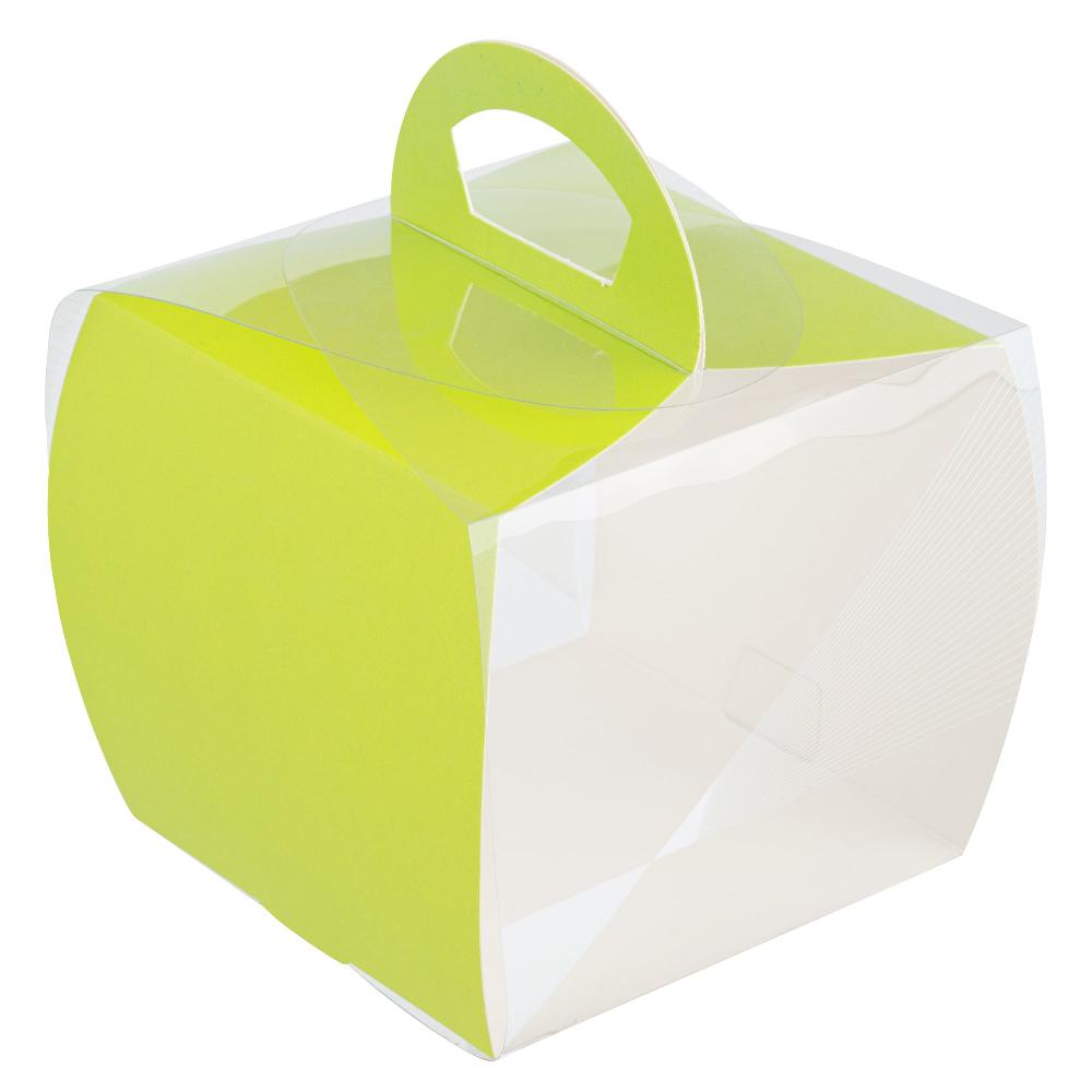 restaurantware Sweet Vision Square Clear Plastic Cupcake Box - with Handle Yellow Paper Wrap Geometric Line Accent - 4" x 4" x 4 1/4" - 100 count box
