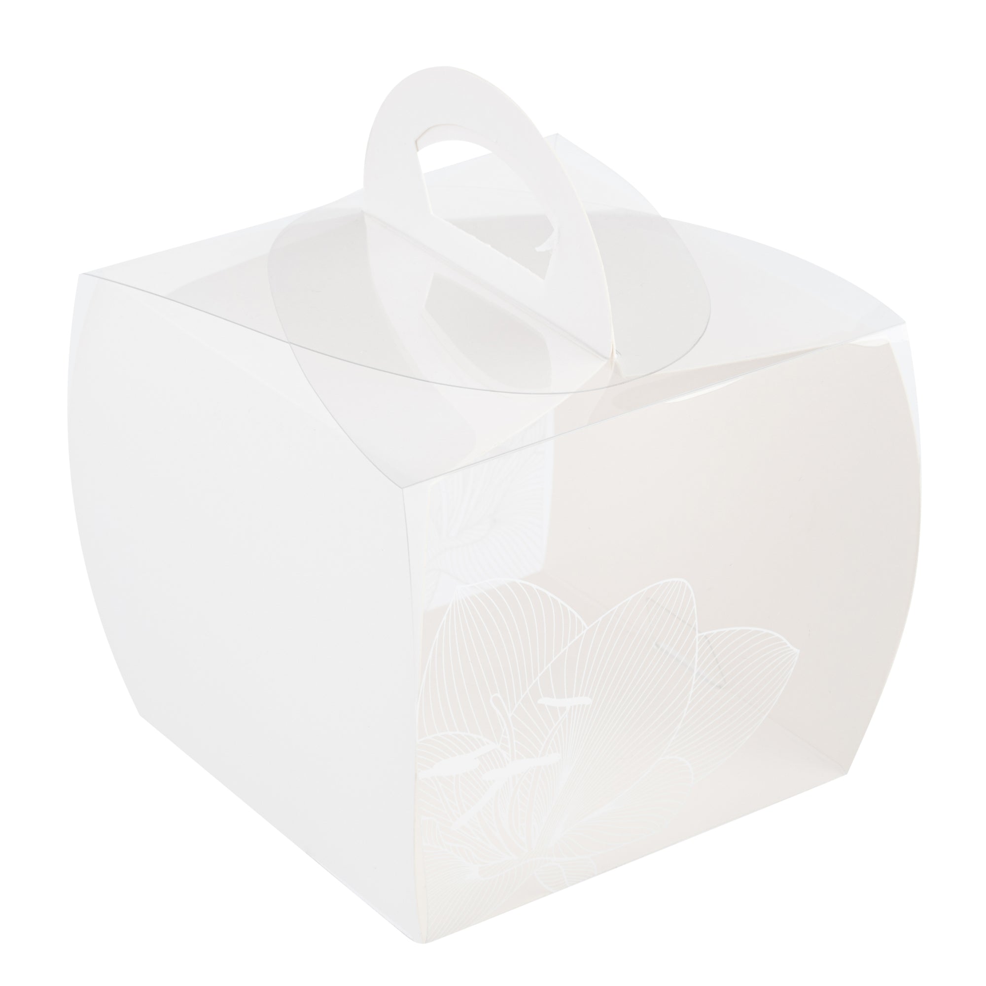 restaurantware Sweet Vision Square Clear Plastic Cupcake Box - with Handle White Paper Wrap Lotus Accent - 4" x 4" x 4 1/4" - 100 count box