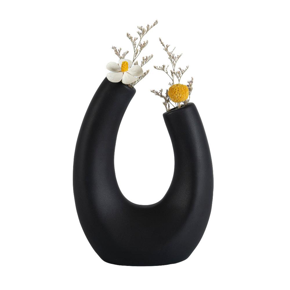 restaurantware Table Art Black Ceramic U-Shaped Vase - 6 1/2'' x 3'' x 8 3/4'' - 1 count box