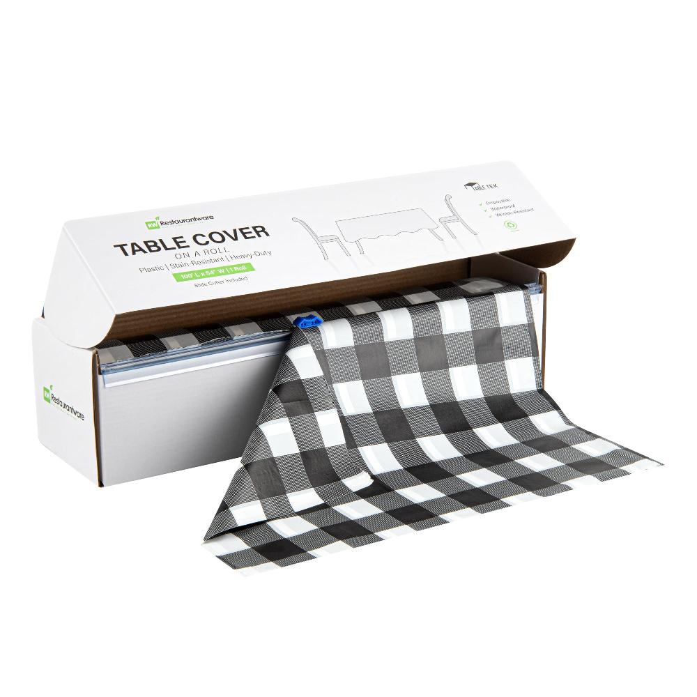 restaurantware Table Tek Black Gingham Plastic Table Cover Roll - with Slide Cutter - 100' x 54" - 10 count box