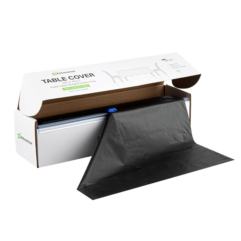restaurantware Table Tek Black Plastic Table Cover Roll - with Slide Cutter - 100' x 54" - 10 count box
