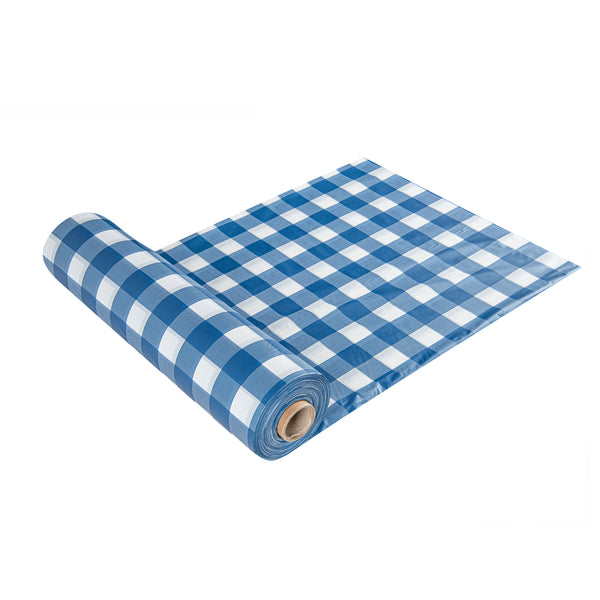 Restaurantware Table Tek Blue Gingham Plastic Table Cover Roll - With Slide Cutter - 100' X 54" - 10 Count Box