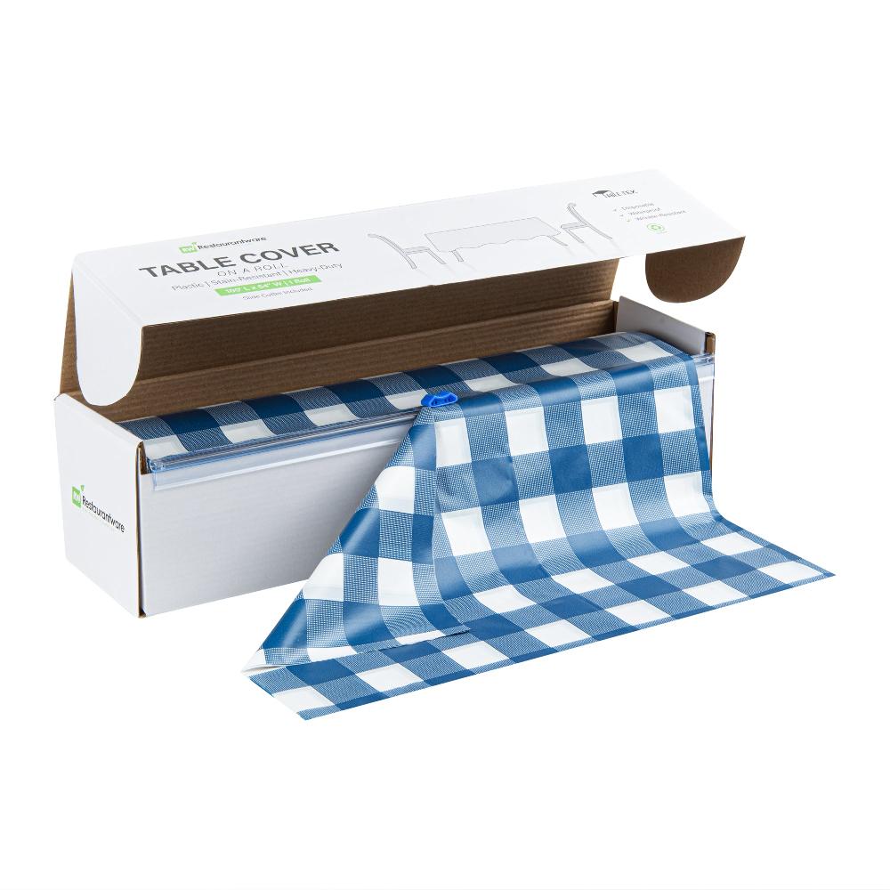 restaurantware Table Tek Blue Gingham Plastic Table Cover Roll - with Slide Cutter - 100' x 54" - 10 count box