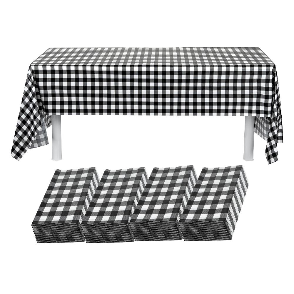 restaurantware Table Tek Rectangle Gingham Black Plastic Table Cover - 108" x 54" - 20 count box