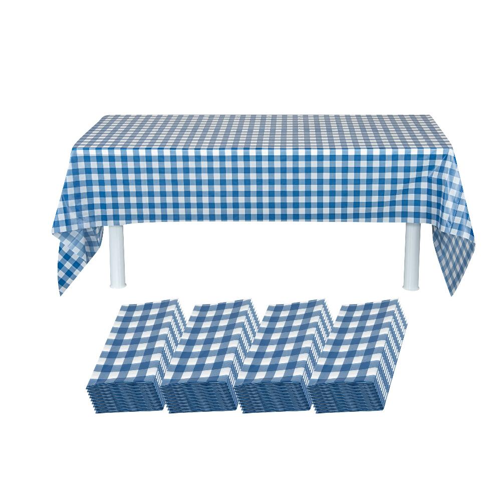 restaurantware Table Tek Rectangle Gingham Blue Plastic Table Cover - 108" x 54" - 20 count box