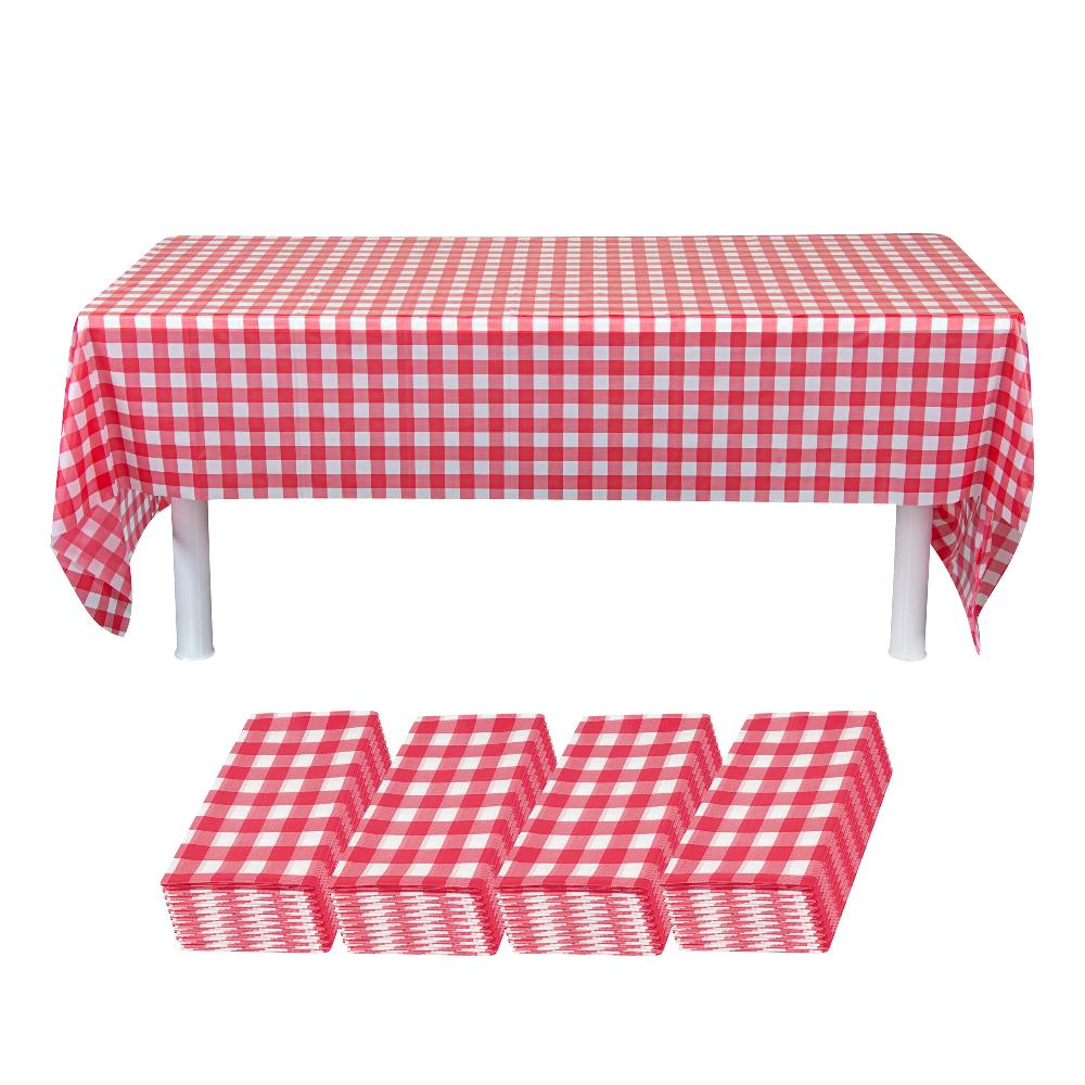 restaurantware Table Tek Rectangle Red Gingham Red Plastic Table Cover - 108" x 54" - 20 count box