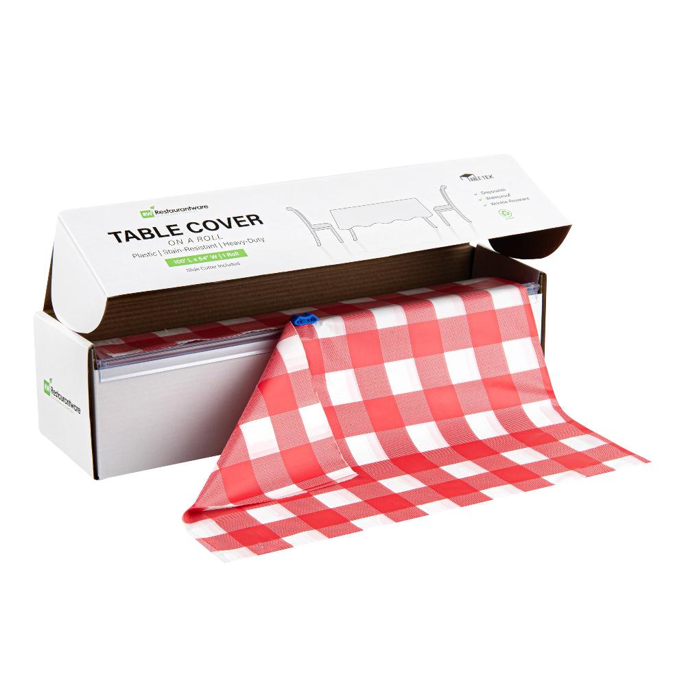 restaurantware Table Tek Red Gingham Plastic Table Cover Roll - with Slide Cutter - 100' x 54" - 10 count box