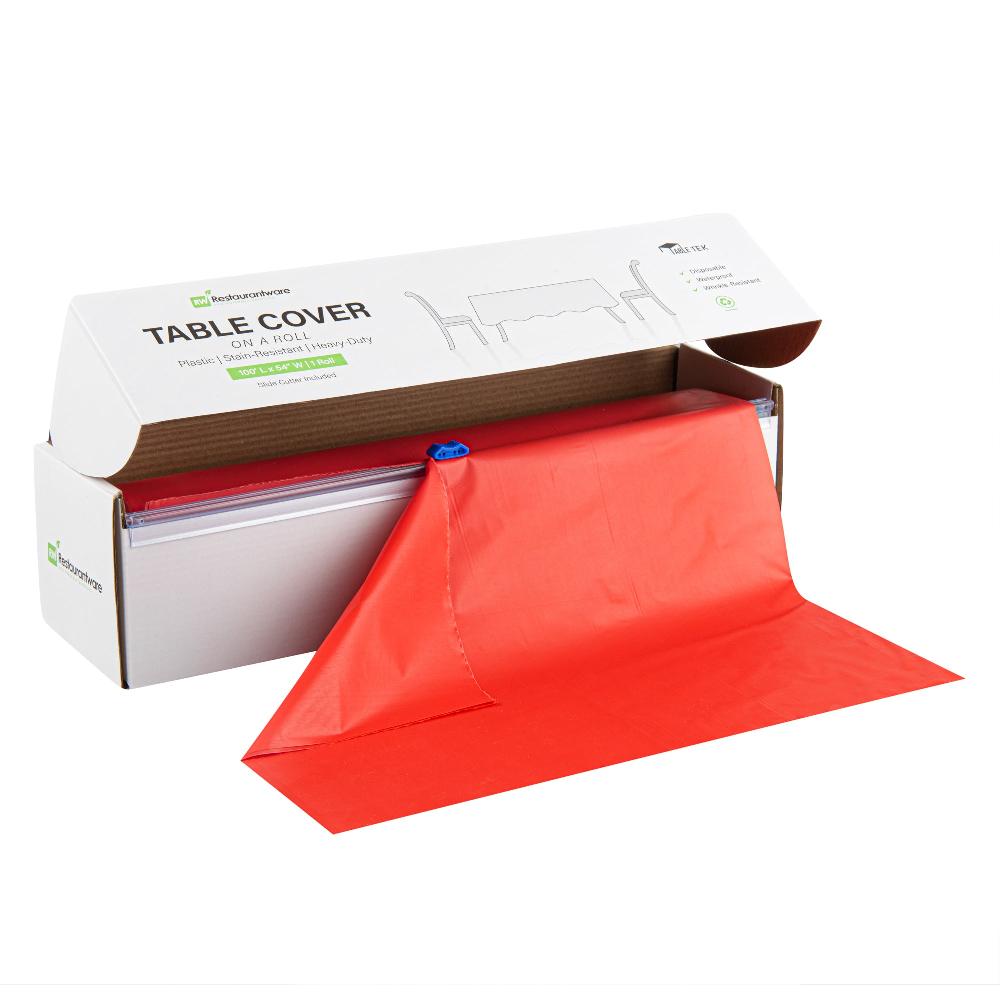restaurantware Table Tek Red Plastic Table Cover Roll - with Slide Cutter - 100' x 54" - 10 count box