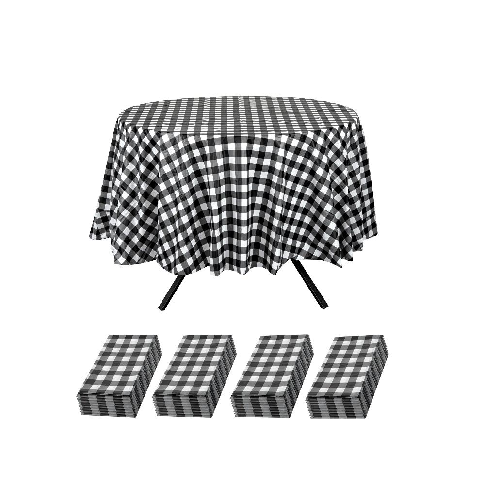 restaurantware Table Tek Round Black Gingham Plastic Table Cover - 84" - 20 count box