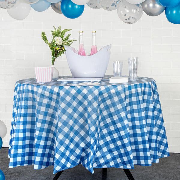 Restaurantware Table Tek Round Blue Gingham Plastic Table Cover - 84" - 20 Count Box