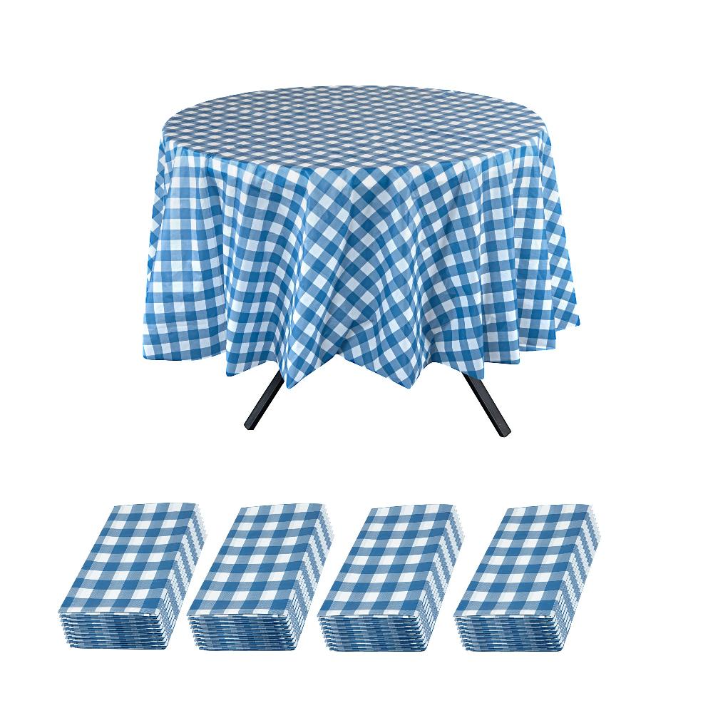 restaurantware Table Tek Round Blue Gingham Plastic Table Cover - 84" - 20 count box