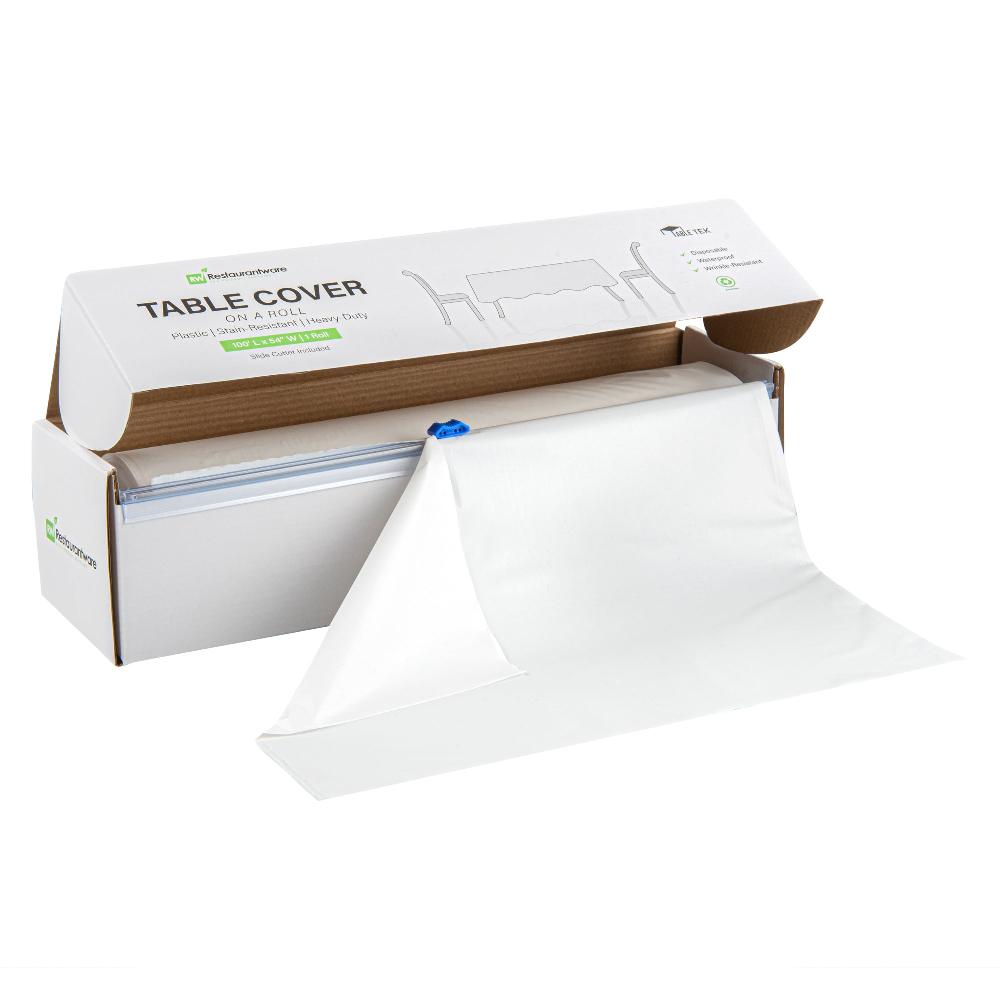 restaurantware Table Tek White Plastic Table Cover Roll - with Slide Cutter - 100' x 54" - 10 count box