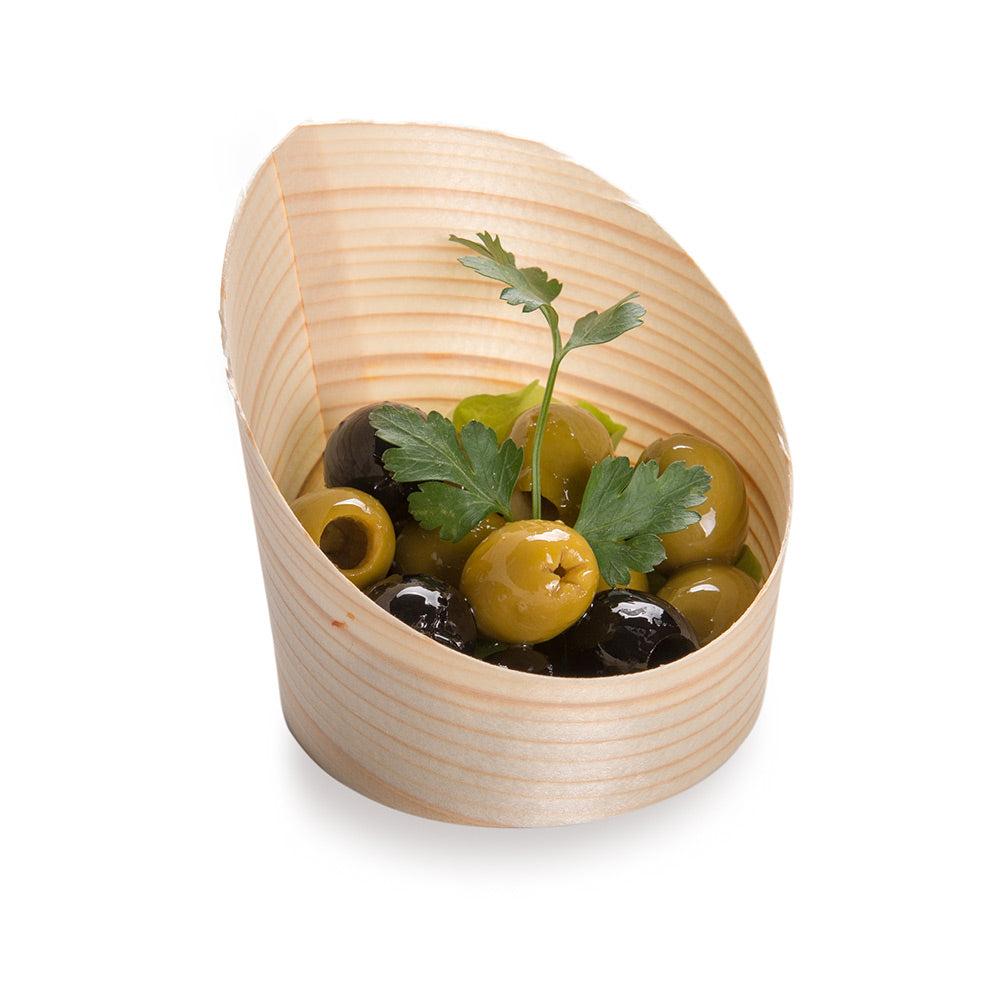 restaurantware Taipei 4 oz Round Natural Wood Mini Incline Cup - 2 1/2" x 2 1/2" x 2 3/4" - 100 count box