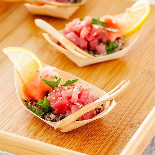 Restaurantware Taipei Natural Pinewood Mini Food Tray / Boat - 3 1/2" X 2 1/4" X 3/4" - 200 Count Box