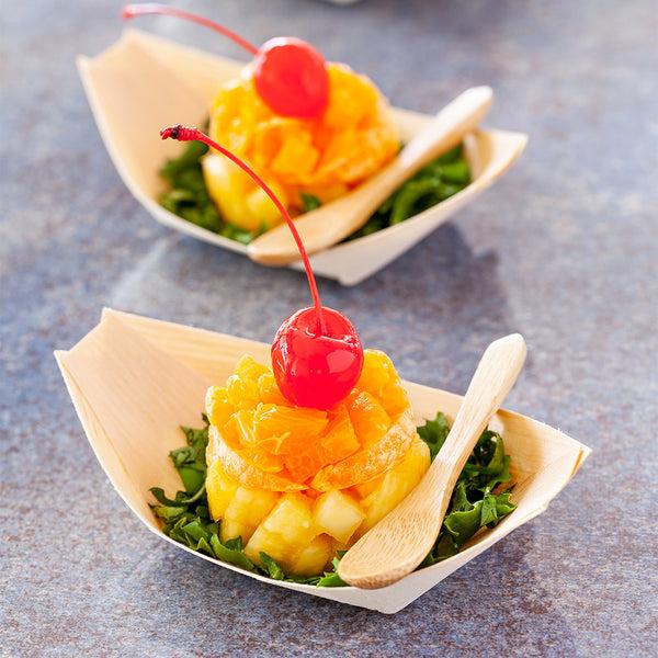 Restaurantware Taipei Natural Pinewood Small Food Tray / Boat - 4 1/2" X 2 1/2" X 1/2" - 200 Count Box