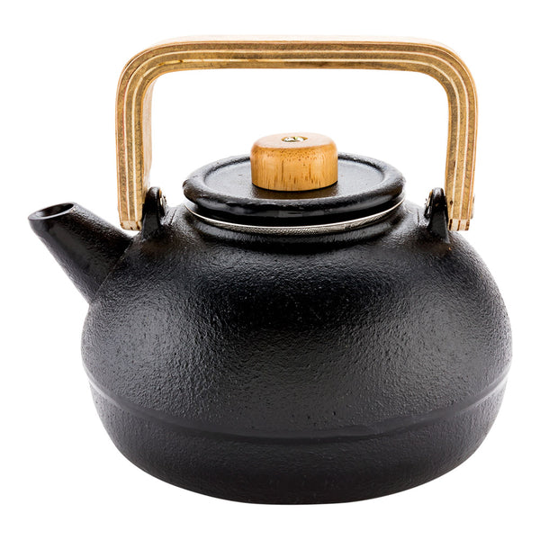 Restaurantware Tetsubin 30 Oz Black Cast Iron Osaka Teapot - Wooden Handle And Knob - 7 1/2" X 5 1/2" X 4 1/4" - 1 Count Box