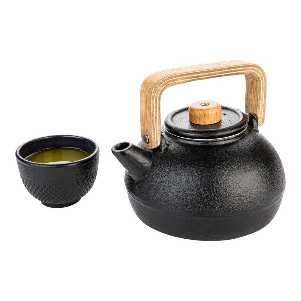 restaurantware Tetsubin 30 oz Black Cast Iron Osaka Teapot - Wooden Handle and Knob - 7 1/2" x 5 1/2" x 4 1/4" - 1 count box