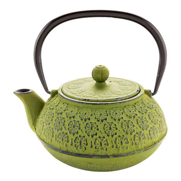 Restaurantware Tetsubin 30 Oz Green Cast Iron Teapot - Cherry Blossom - 7 1/2" X 6 1/2" X 4 1/2" - 1 Count Box
