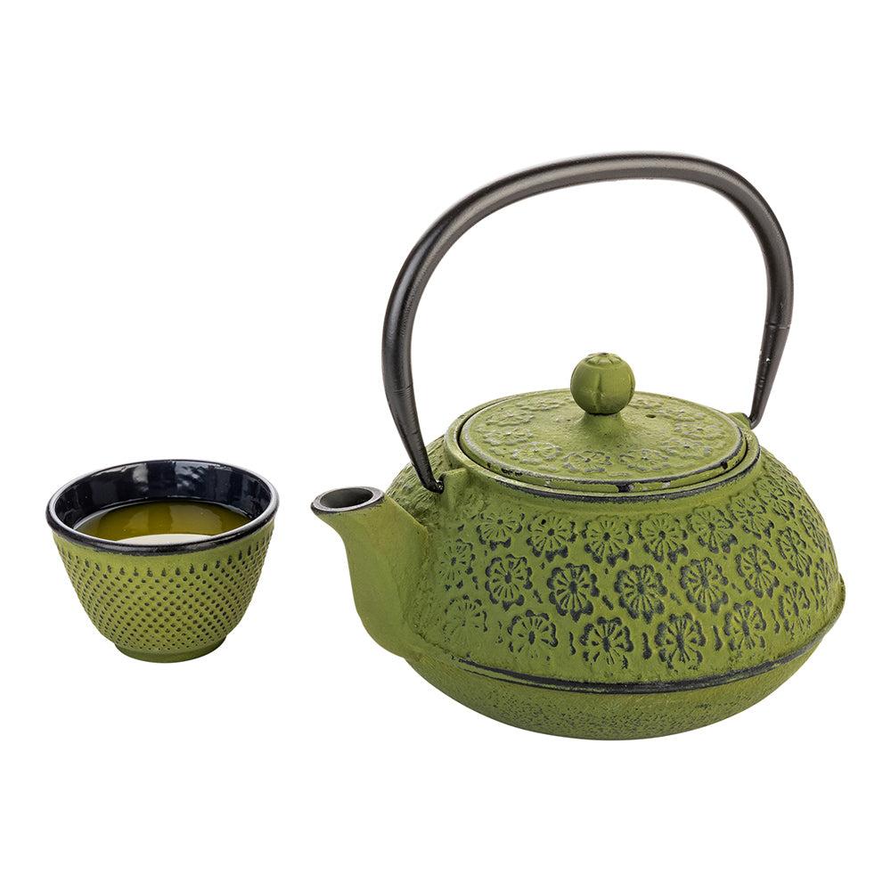 restaurantware Tetsubin 30 oz Green Cast Iron Teapot - Cherry Blossom - 7 1/2" x 6 1/2" x 4 1/2" - 1 count box