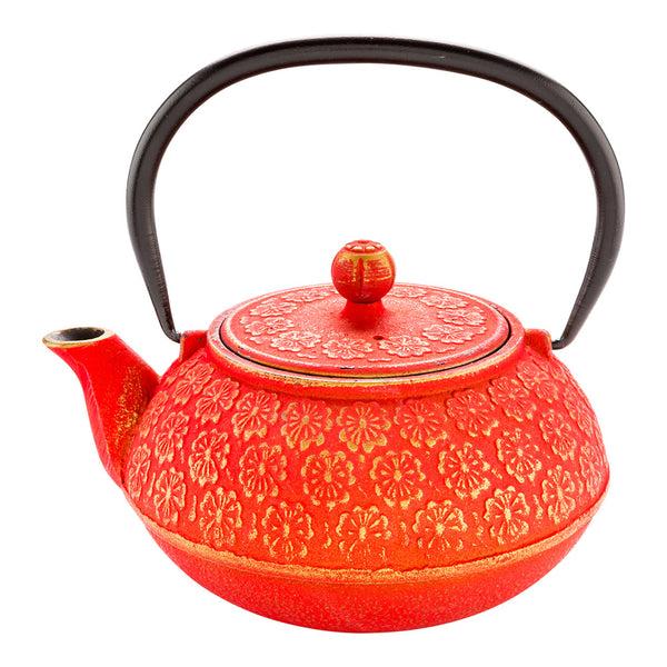 Restaurantware Tetsubin 30 Oz Red Cast Iron Teapot - Cherry Blossom - 7 1/2" X 6 1/2" X 4 1/2" - 1 Count Box